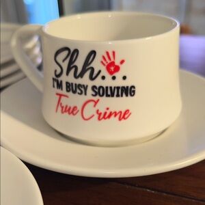 Set of White espresso Coffee Mugs  included six spoons six saucers, metal rack